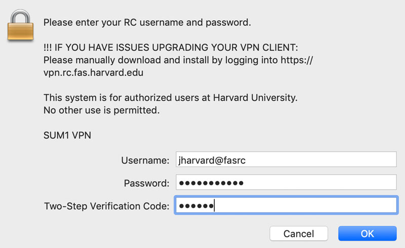 Box showing prompts for Username, password, and two-factor code