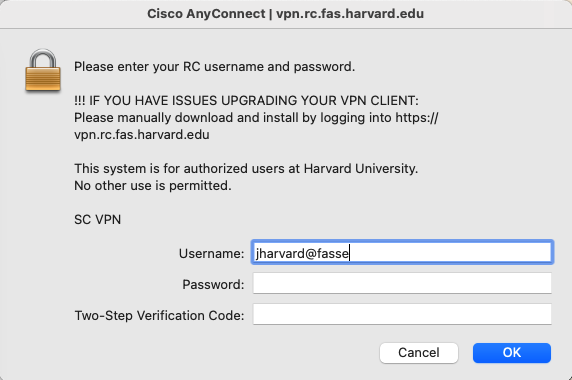 Cisco Anyconnect window showing a username as jharvard@fasse