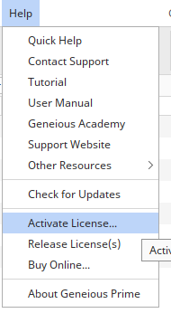 Geneious help menu with "Activate License" selected.